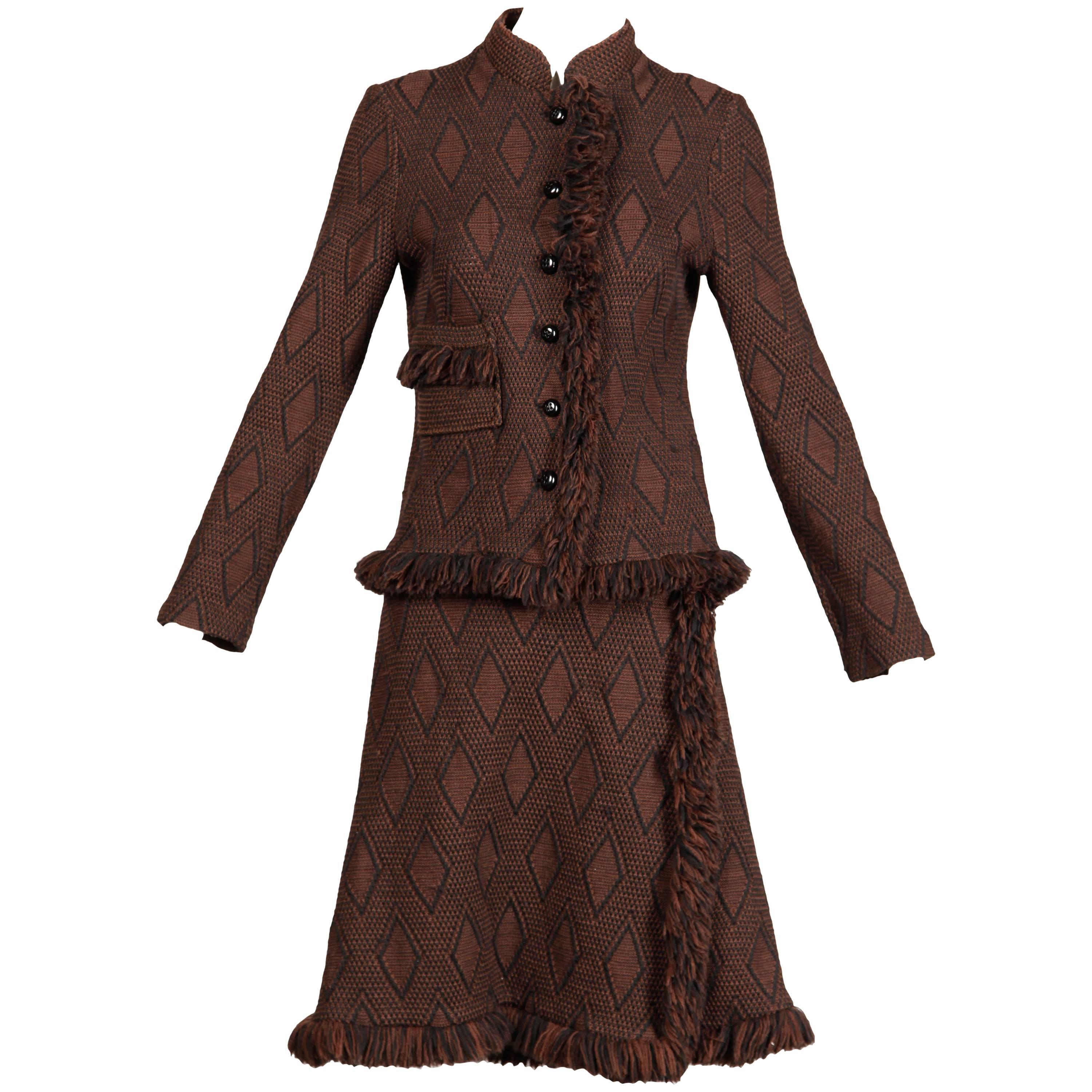 1970s Goldworm Vintage Brown Black Knit Italian Wool Jacket + Skirt Ensemble