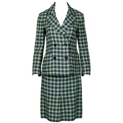 1970s Christian Dior Blue Green Wool Plaid Jacket + Skirt Suit Ensemble