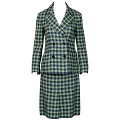 1970s Christian Dior Blue Green Wool Plaid Jacket + Skirt Suit Ensemble 4