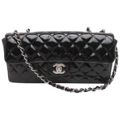 Chanel Baguette Shoulder Bag Black Patent Leather Silver Double Chain