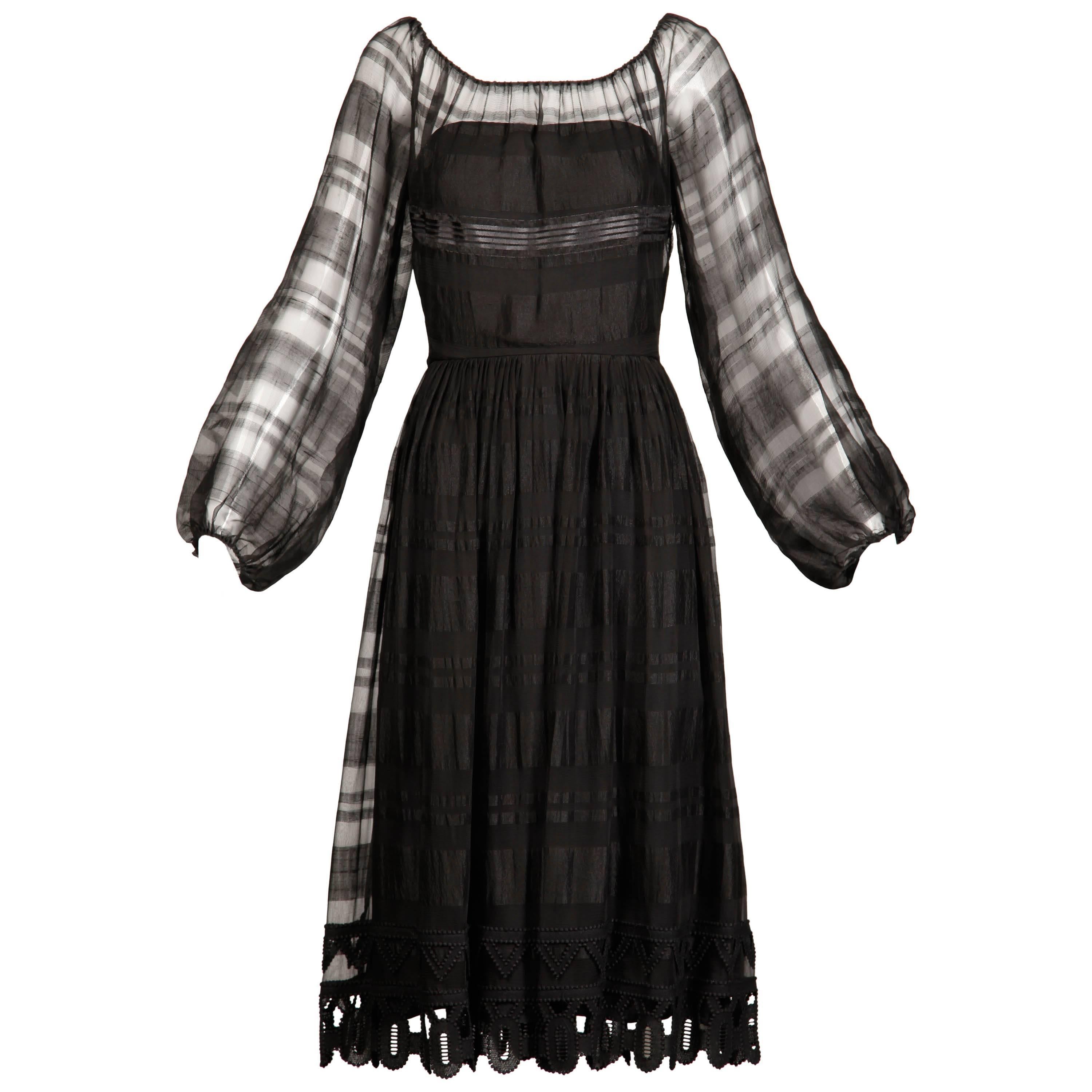 1970s Werle Beverly Hills Vintage Black Sheer Silk + Lace Dress For Sale