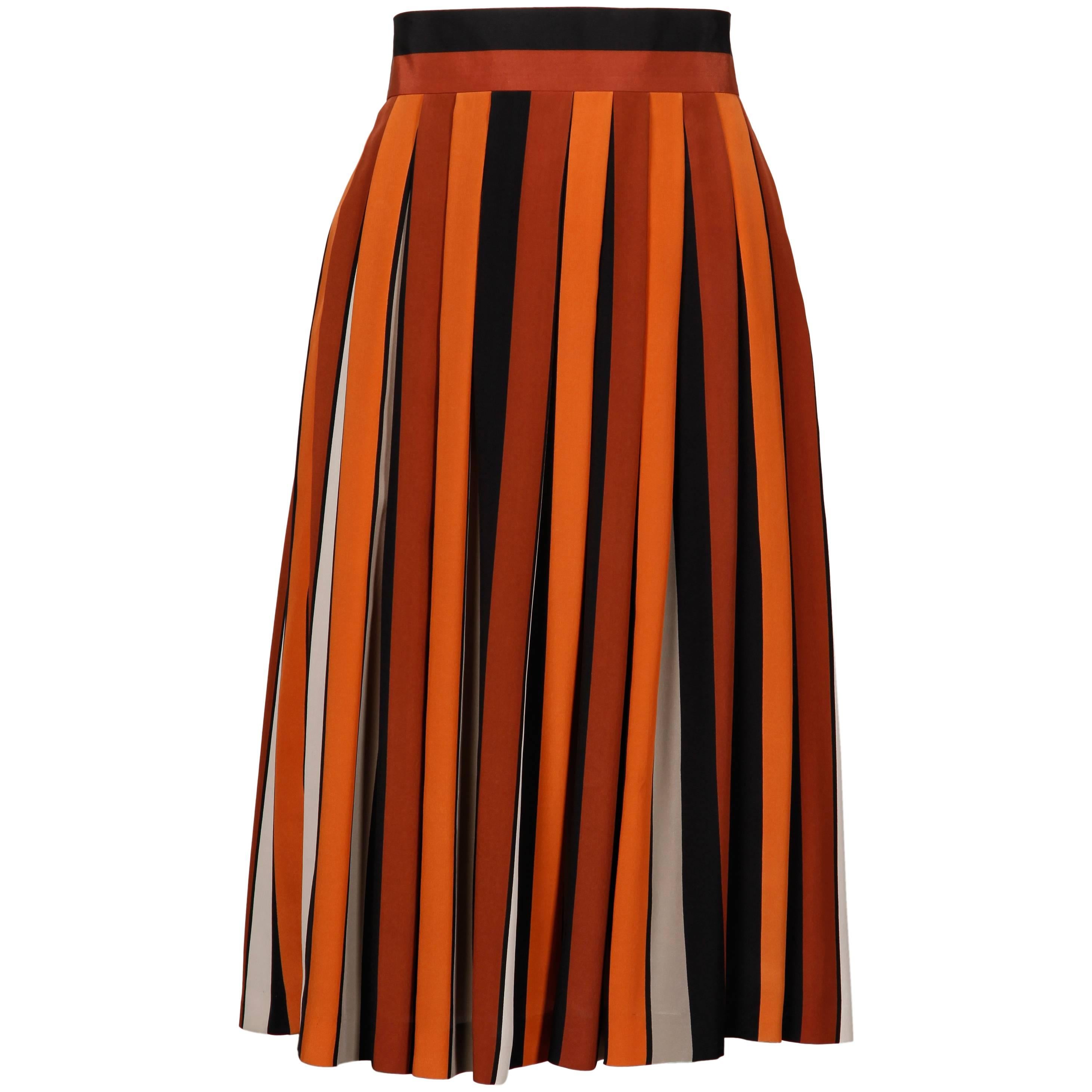 1970s Givenchy Vintage Pleated Silk Striped Color Block Black Rust Orange Skirt