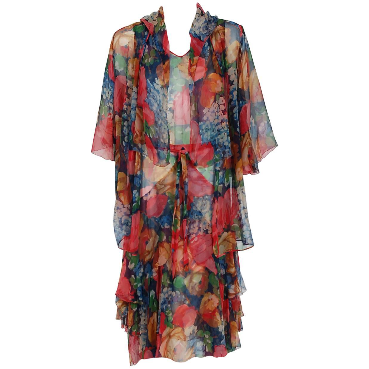 1920's Watercolor Floral-Garden Print Silk Chiffon Tiered Flapper Dress & Jacket