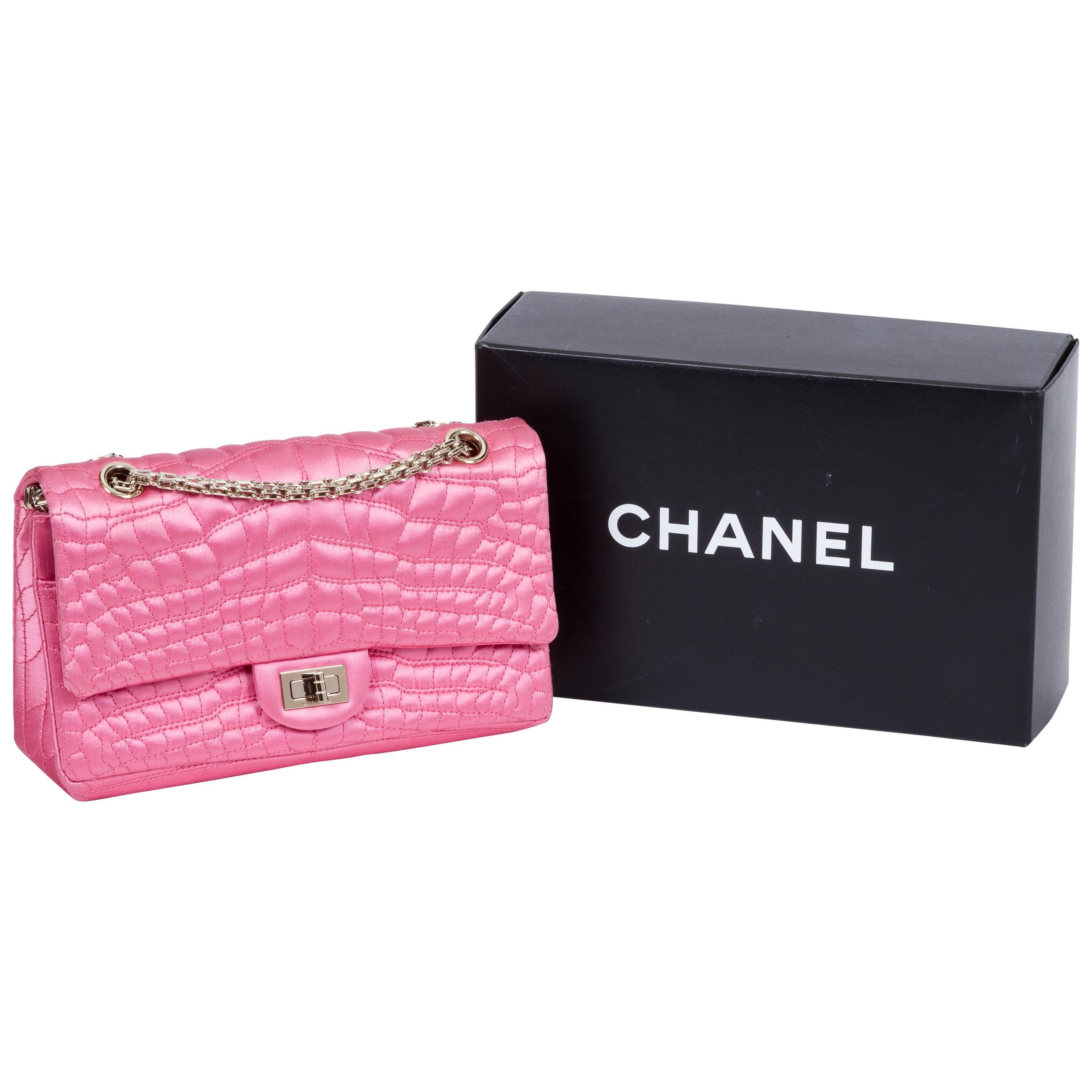 Chanel Pink Satin Silk Croc Embossed Double Flap Bag