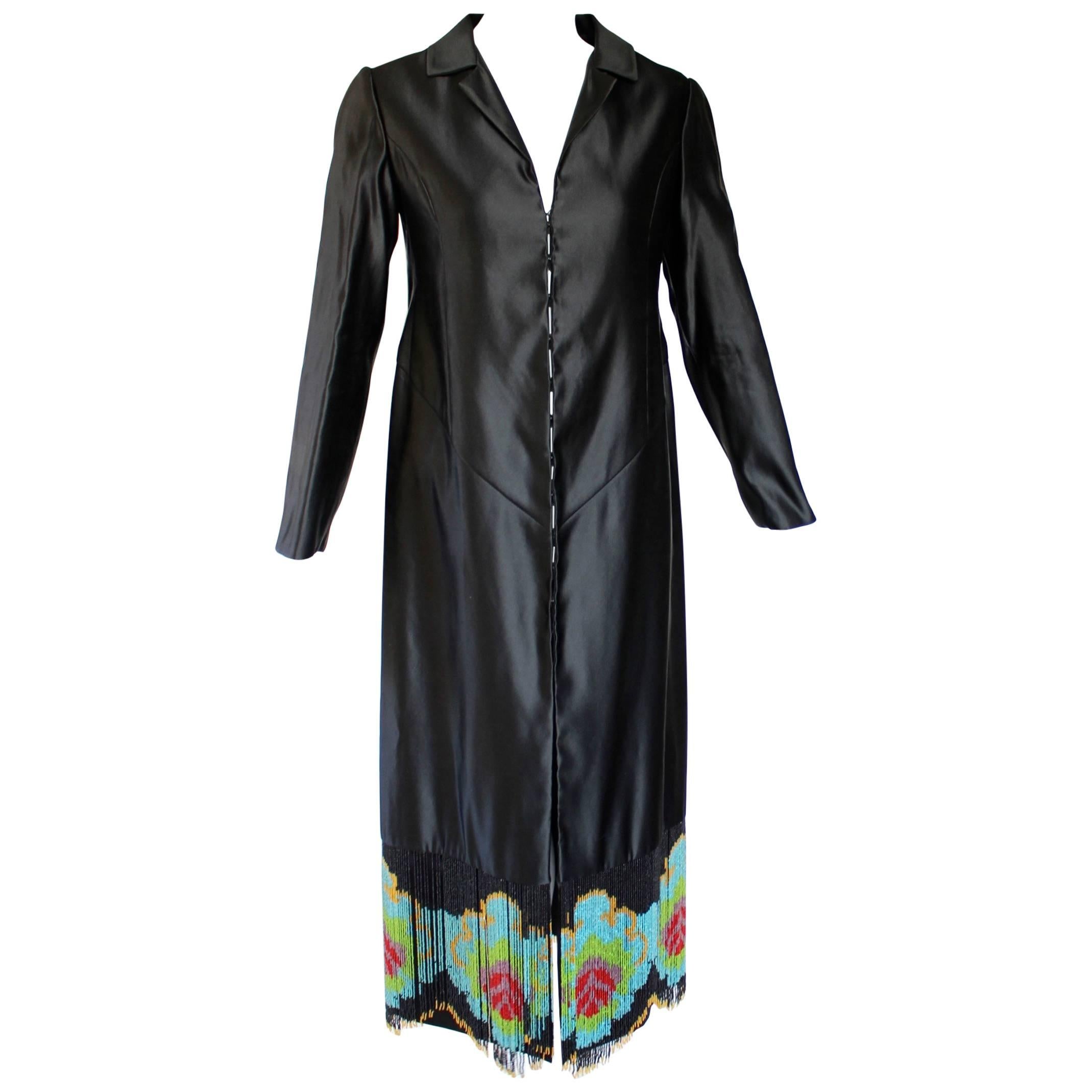 Custom Couture Black Silk Evening Dress Coat with Antique French Beaded Trim 