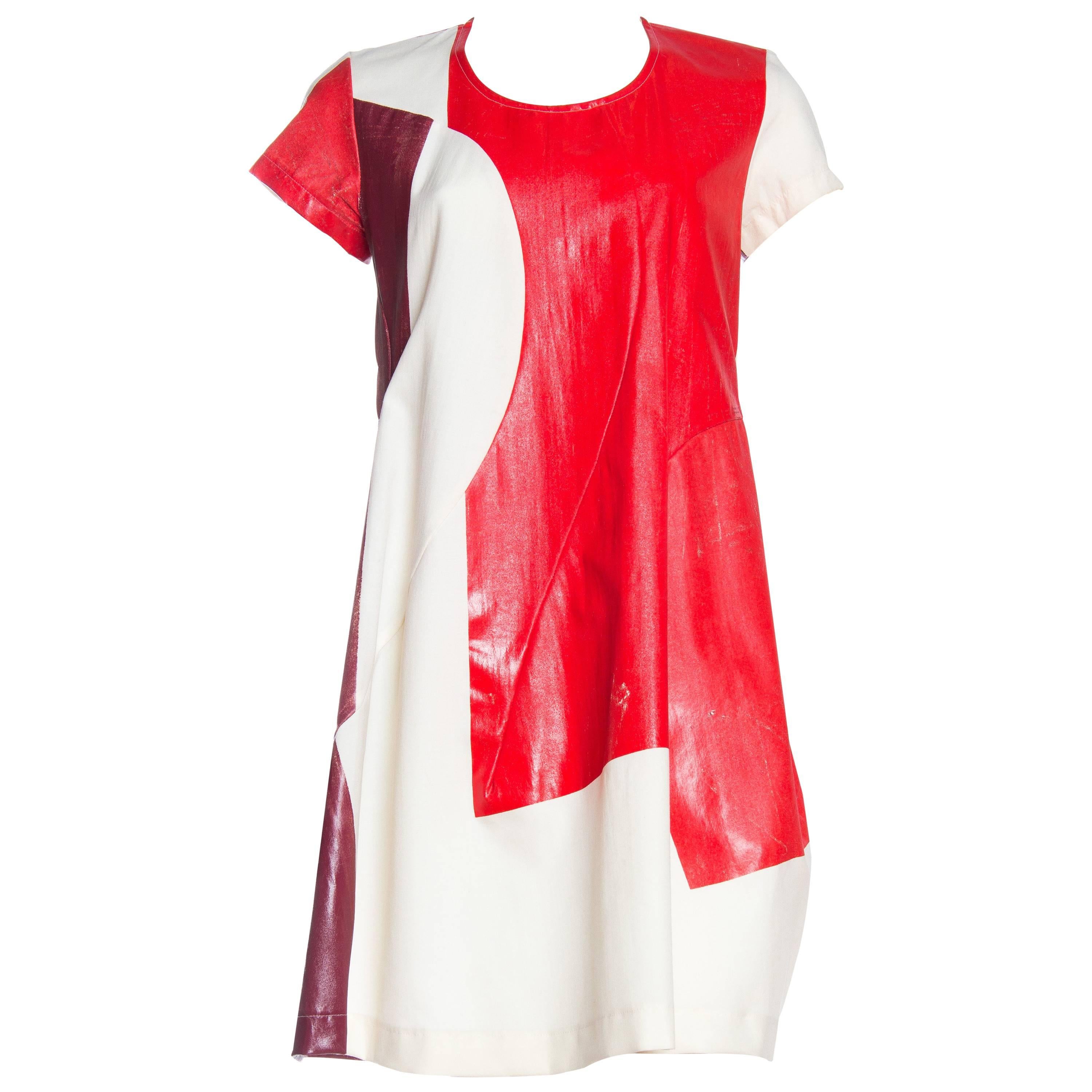 1990S COMME DES GARCONS Red & White Cotton Hand-Painted Patchwork Muslin Dress  For Sale
