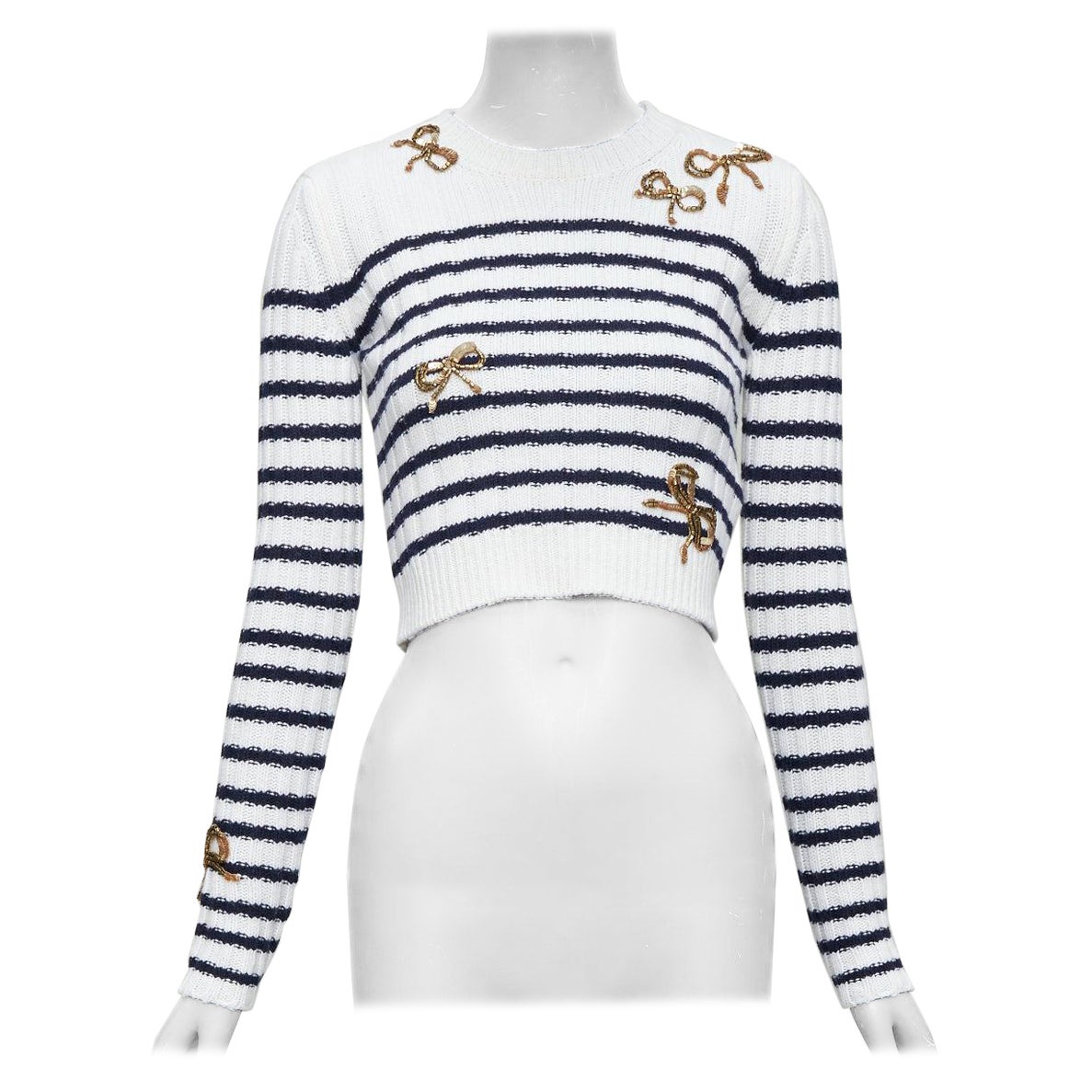 VALENTINO 2023 crema lana virgen oro lentejuelas cinta rayas crop suéter XS en venta
