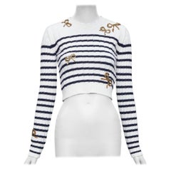 VALENTINO 2023 Cremefarbener Pullover aus Schurwolle mit goldenem Paillettenband und gestreiftem Kragen XS