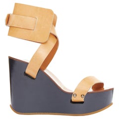 CHLOE tan leather black wooden strappy wedge clog sandals EU36