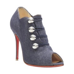 CHRISTIAN LOUBOUTIN dark denim silver military button peep toe bootie EU37
