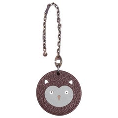 HERMES Owl brown textured leather cartoon round palladium charm