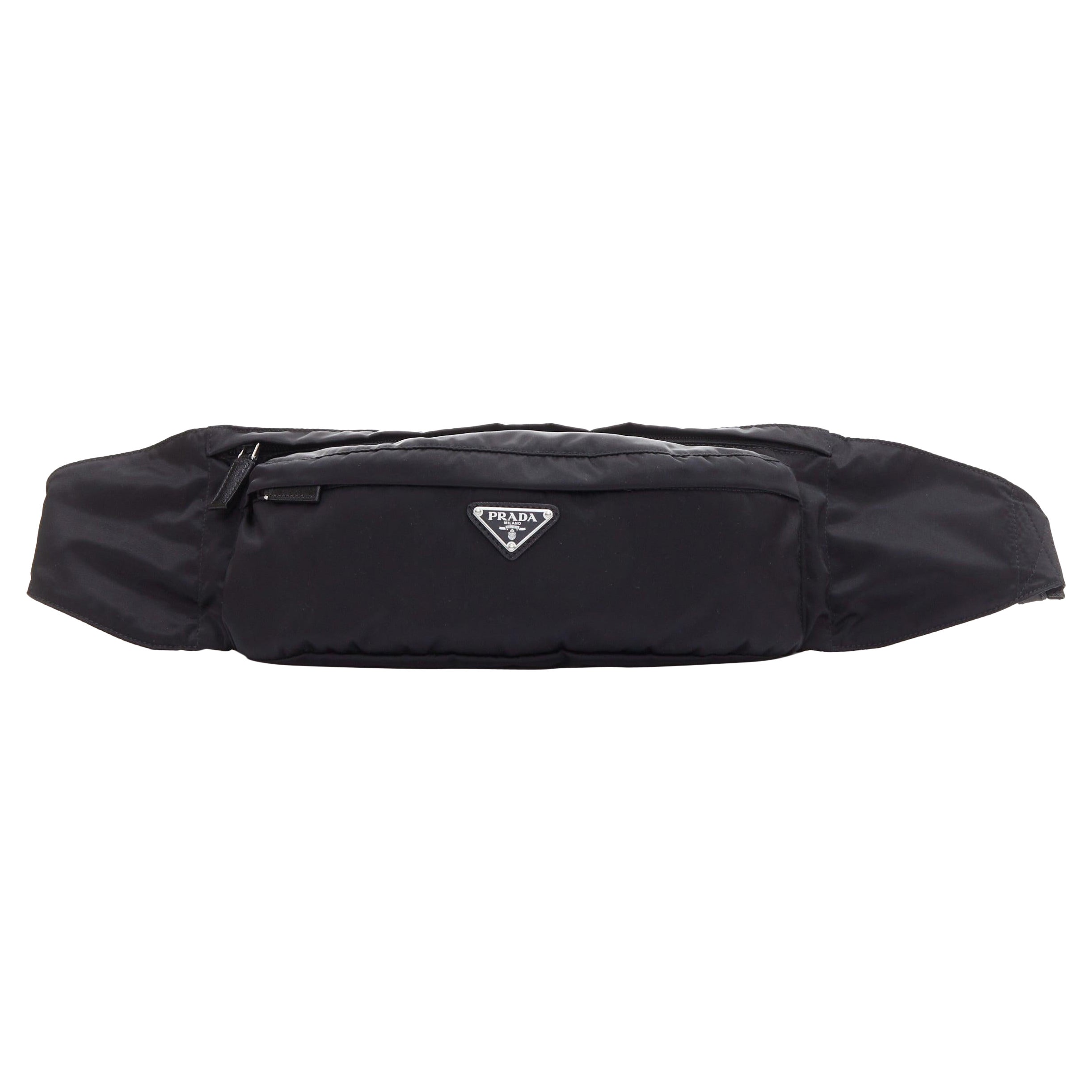 PRADA black nylon silver logo triangle buckle belt bag For Sale