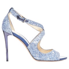 JIMMY CHOO Emily blue glitter crisscross strap open toe sandals EU36