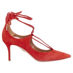 AQUAZZURA Christy 75 red suede leather lace up mid pumps EU39.5