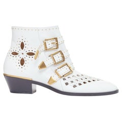 CHLOE Susanna white leather gold hardware cut out cowboy boots EU39