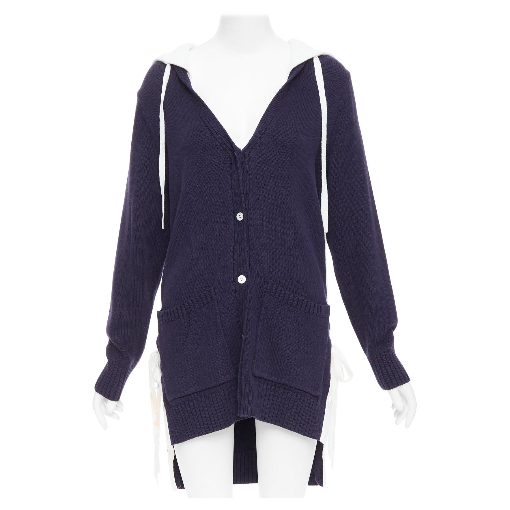 MONSE navy white cotton blend laced side hooded cardigan XS For Sale