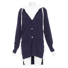 MONSE navy white cotton blend laced side hooded cardigan XS