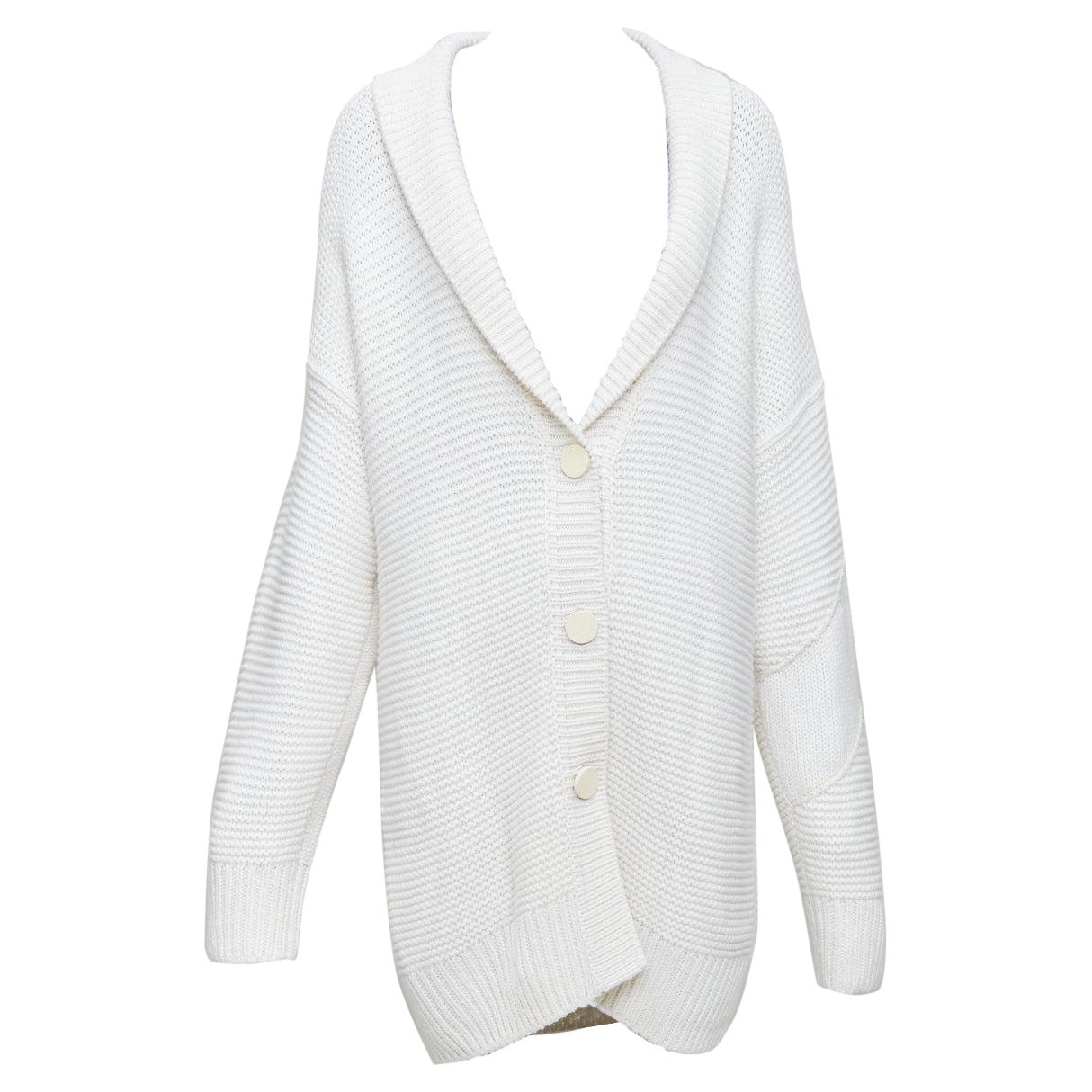 HERMES 100% cashmere off white leather logo buttons oversized cardigan FR34 XS For Sale