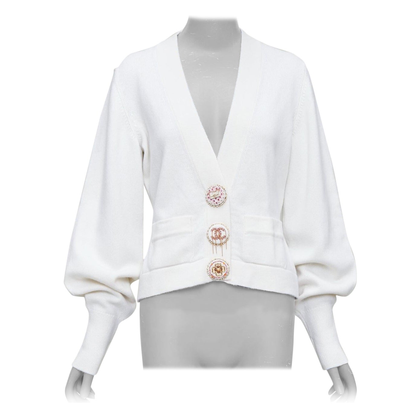 CHANEL 22A off white cashmere blend pink CC crystal buttons cardigan FR38 M