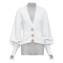 CHANEL 22A cardigan rose camel et blanc cassé avec boutons en cristal CC FR38 M