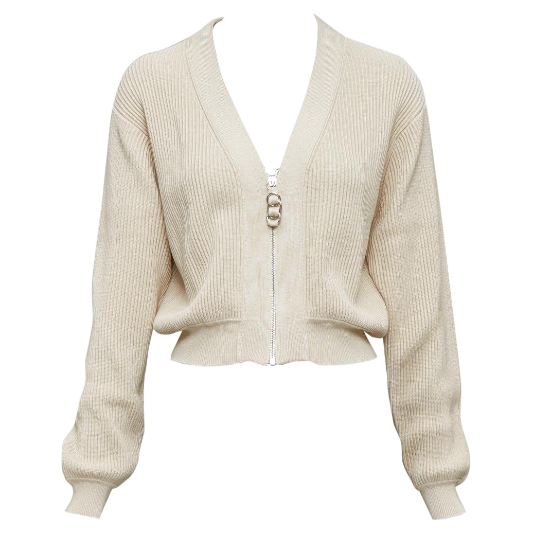 HERMES ecru viscose silk silver zipper head ribbed crop cardigan FR36 S For Sale
