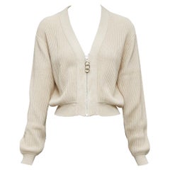 HERMES Ecru Viskose Seide Silber Reißverschluss Kopf gerippt Ernte Strickjacke FR36 S