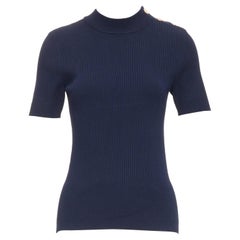 TORY BURCH navy viscose blend gold TB button ribbed pullover top M