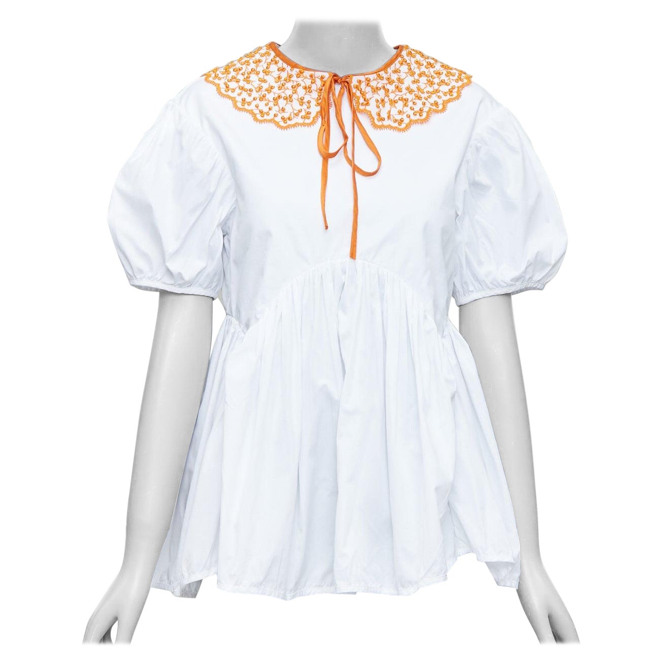 CECILIE BAHNSEN Mie white cotton orange applique collar puff top UK6 XS