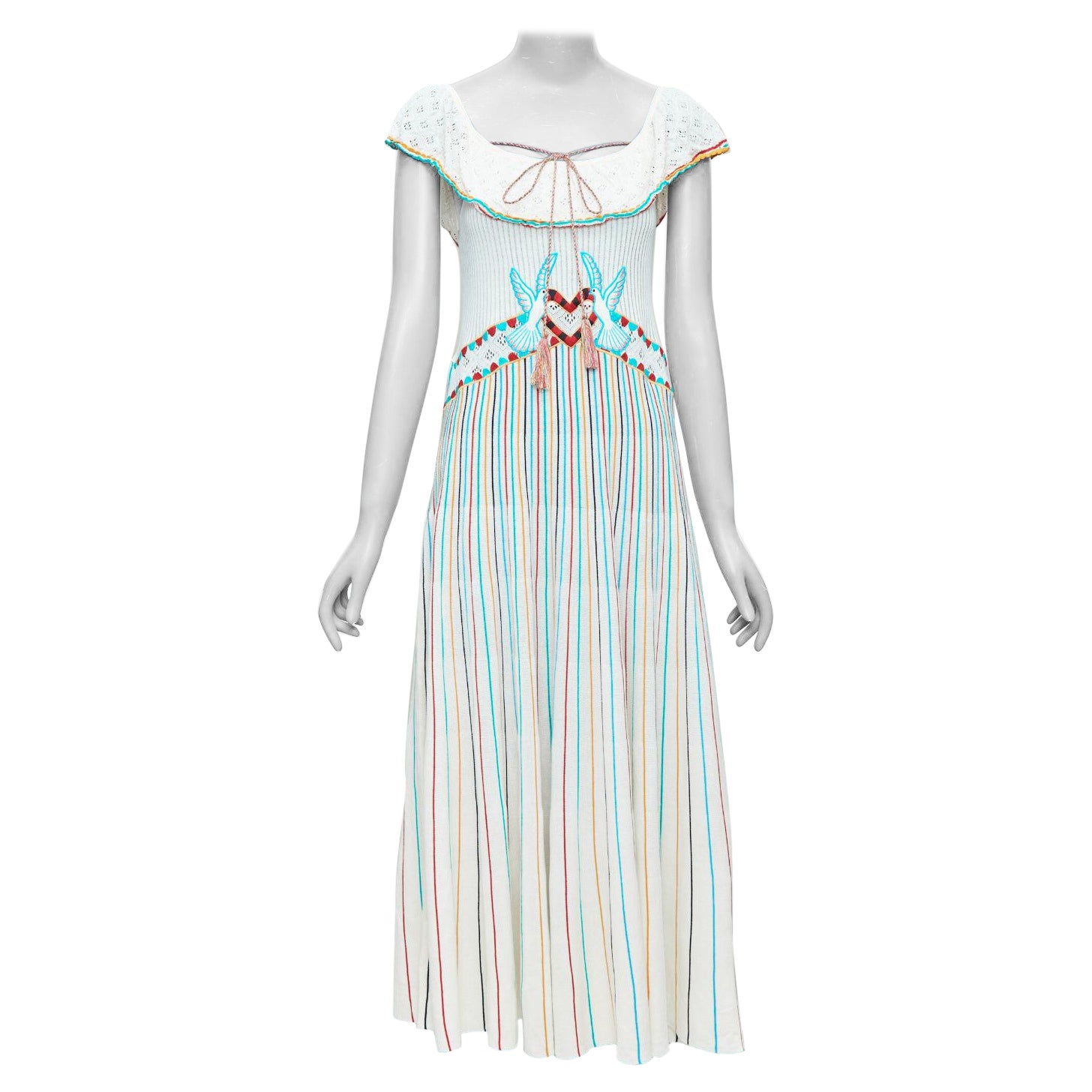 RED VALENTINO multicolor cream cotton bird embroidery pleated knit dress M For Sale