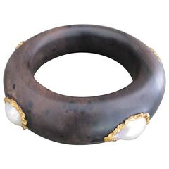 24ct 24k Gold Baroque Pearl Ebony Large Cuff Bangle