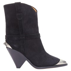 ISABEL MARANT Lamsy bottes en cuir velours noir à bouts argentés et chevilles coniques EU36