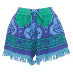 ZIMMERMANN Short à franges avec logo en tissu terry bleu-vert givré taille US0 XS