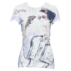CHANEL 2010 cream cotton coco watercolor print silk tshirt FR36 S