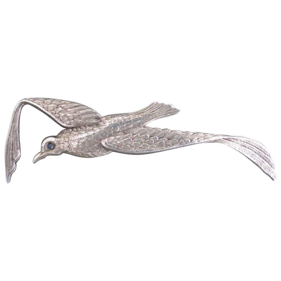 Danish Silver Bird Brooch with Aquamarine Paste For Sale
