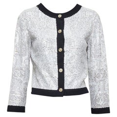 CHANEL 08P white printed sequins beige cashmere black trim cardigan FR34 XS