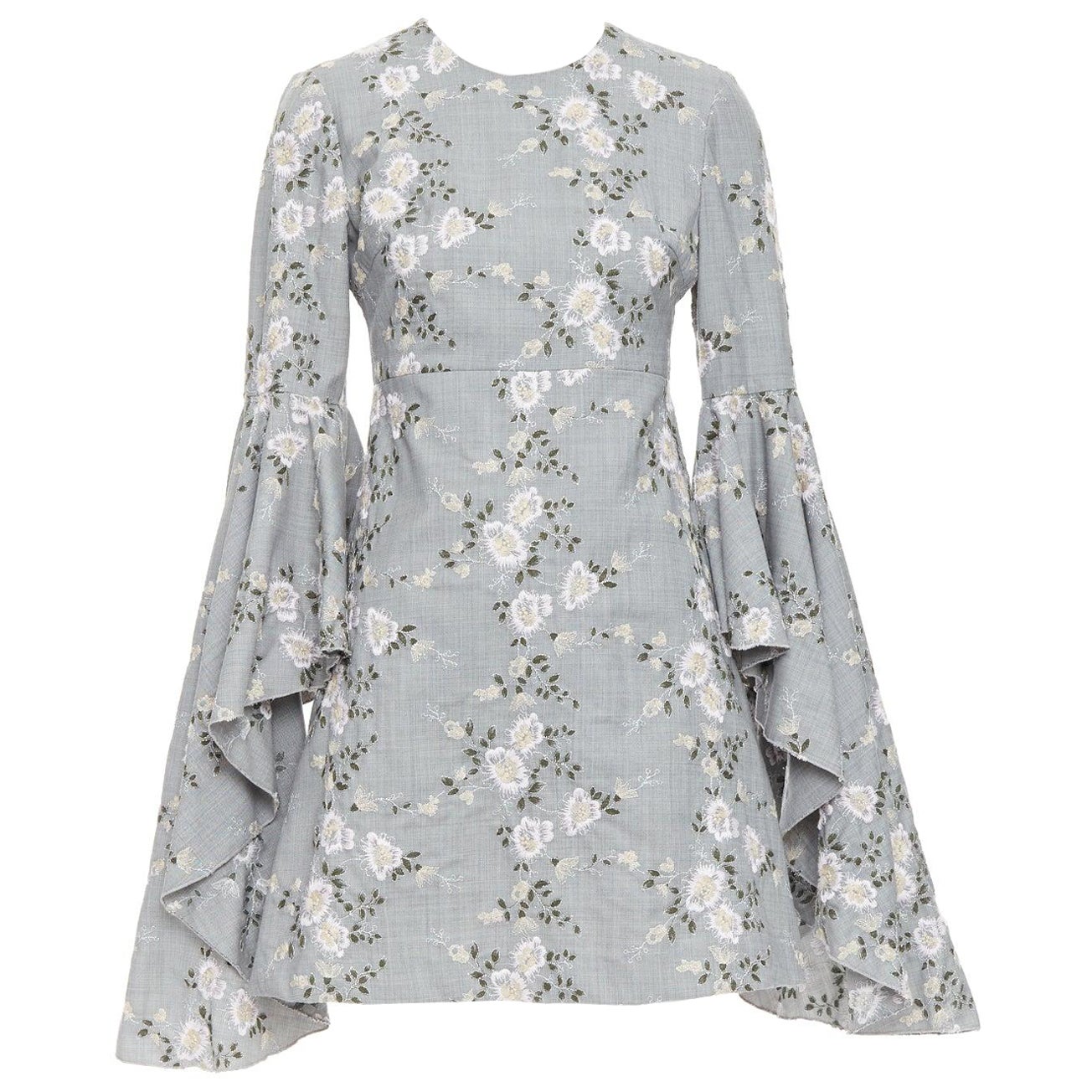 GIAMBATTISTA VALLI wool floral embroidery cascade bell sleeve dress IT38 XXS For Sale