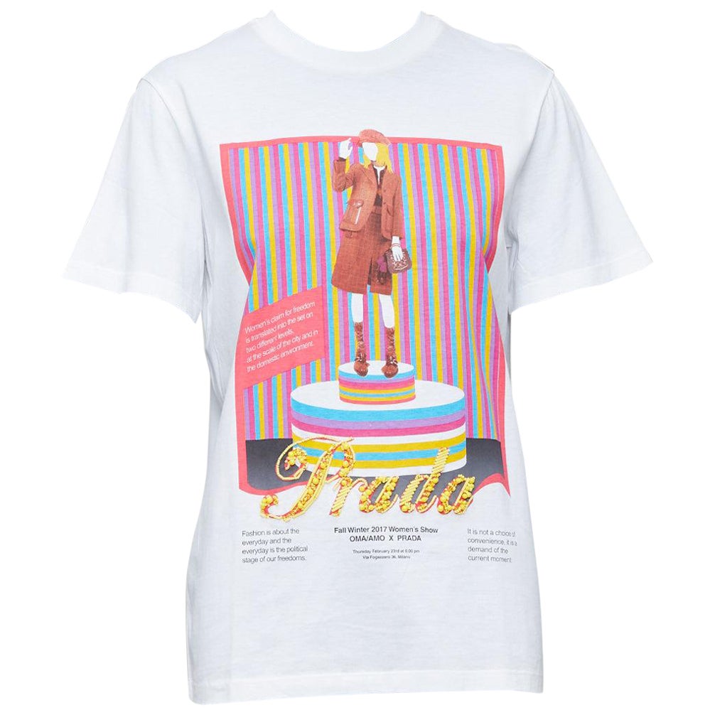PRADA 2017 OMA/AMO pink yellow graphic print beaded logo tshirt XS