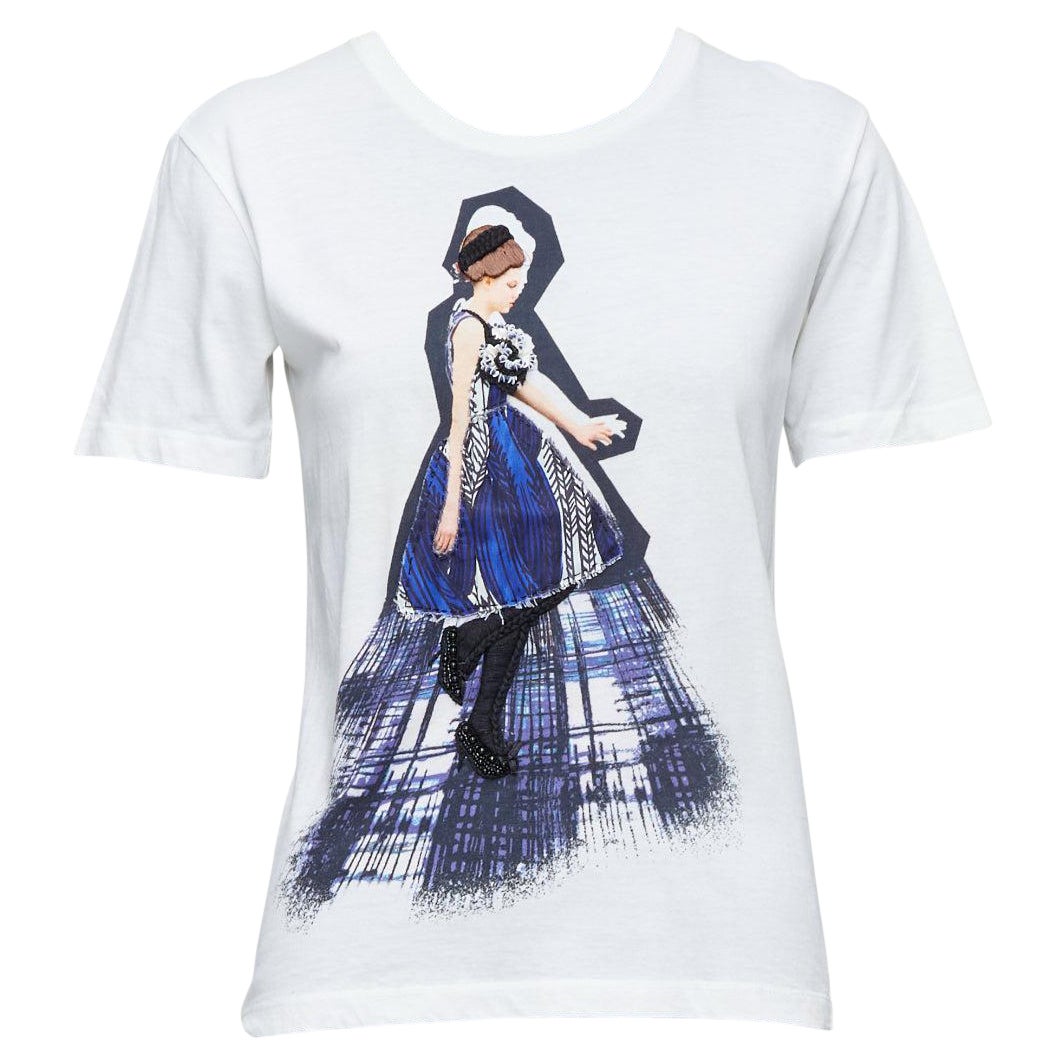 PRADA 2010 blue black runway model applique cream cotton tshirt S For Sale