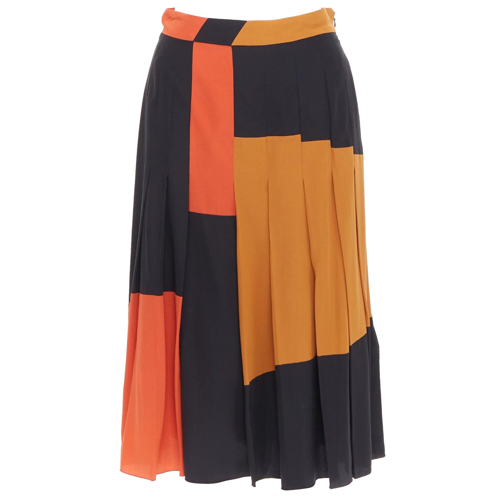 BOTTEGA VENETA 100% silk  black orange brown colorblock pleated skirt IT36 XXS For Sale