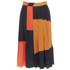 BOTTEGA VENETA 100% Seide  schwarz orange brauner Colorblock Faltenrock IT36 XXS