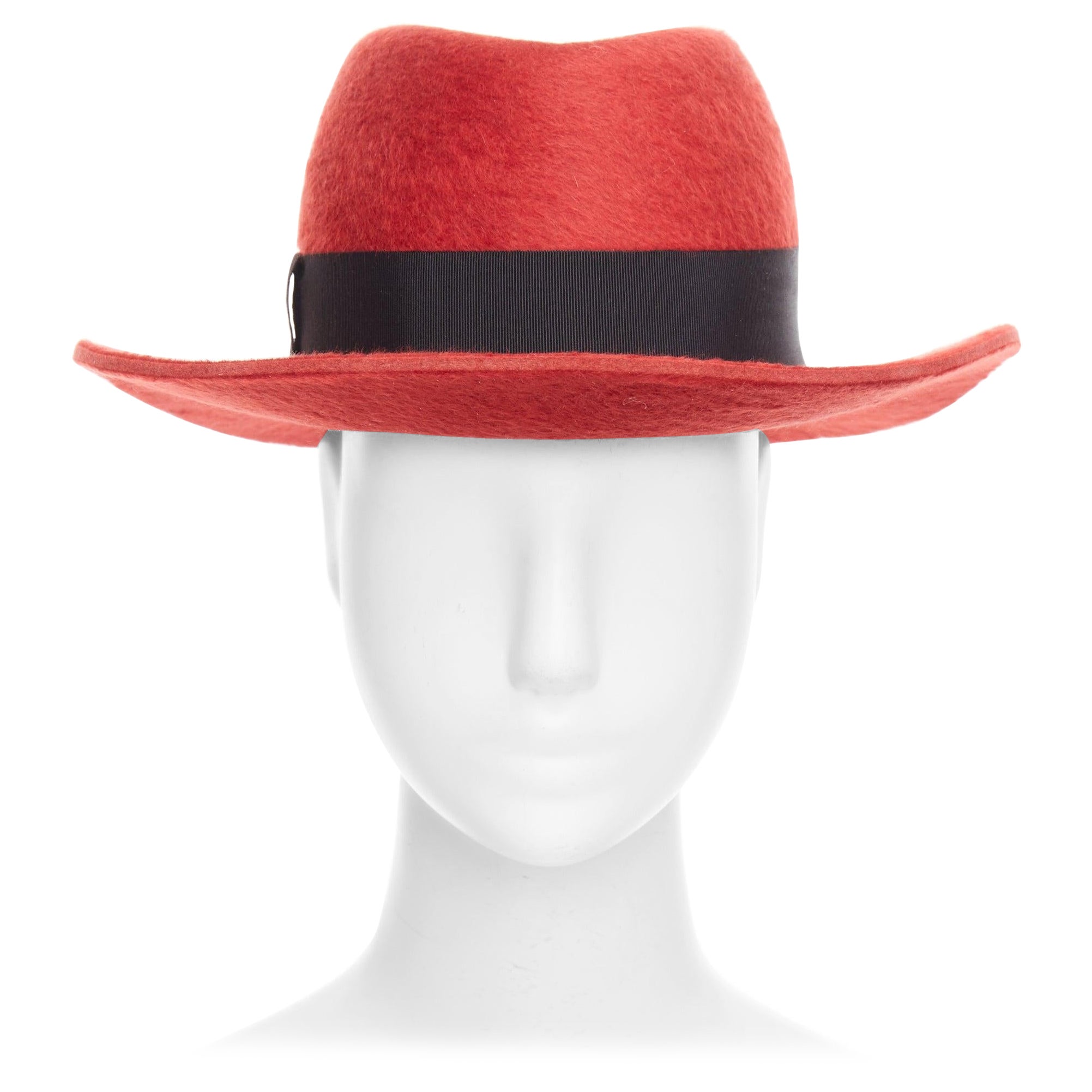 SAINT LAURENT red rabbit felt black grosgrain leather lined fedora hat For Sale