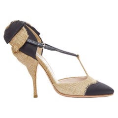 MIU MIU beige black jute satin bow back t strap maryjane pumps EU37.5