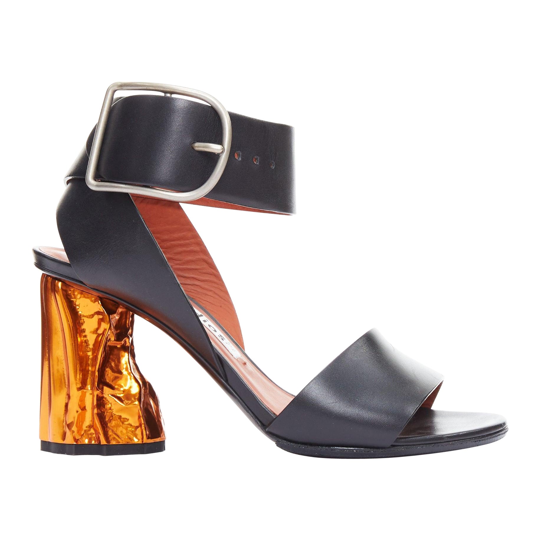 ACNE STUDIOS Obin metallic orange bark heel black leather sandals EU37 For Sale