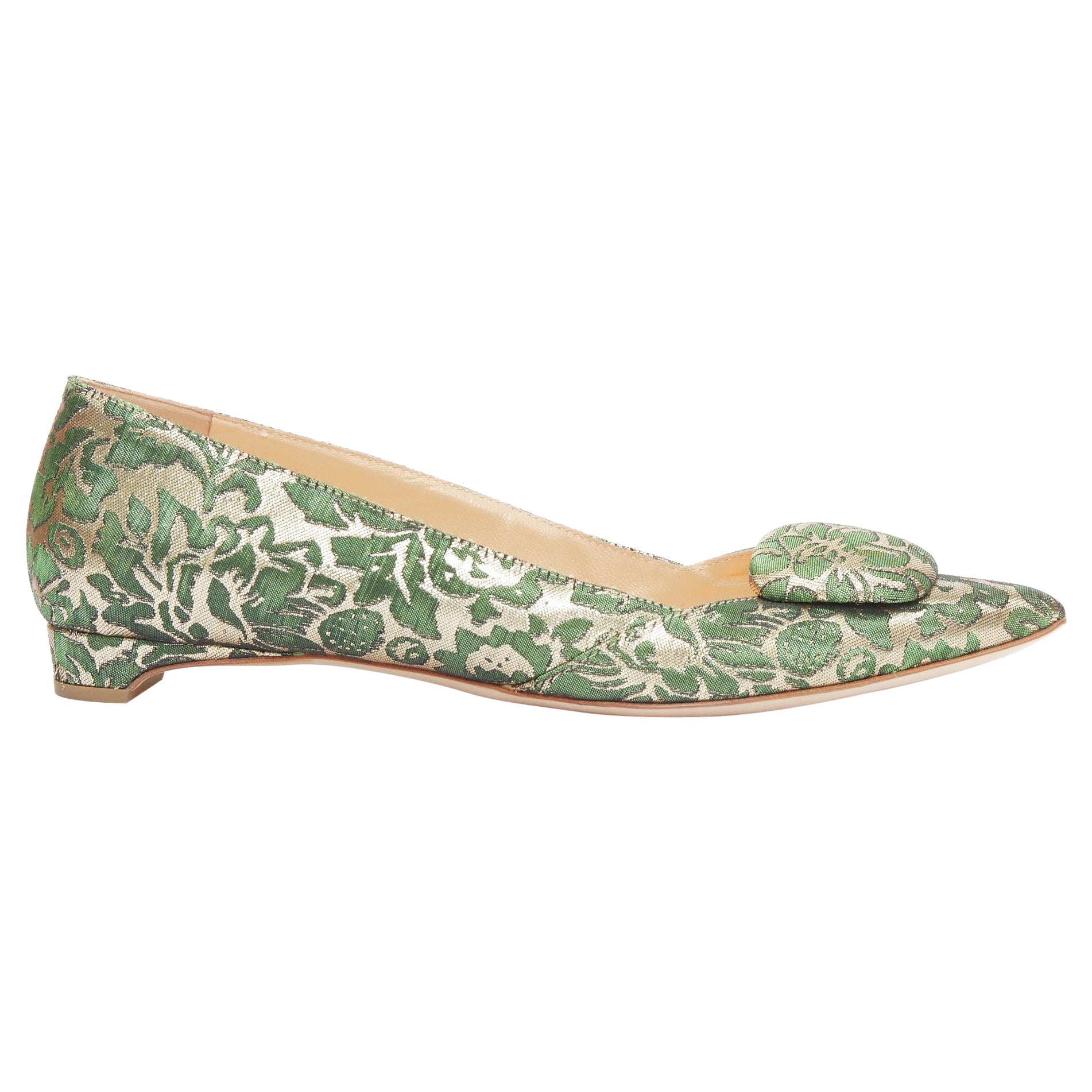 RUPERT SANDERSON Aga green gold brocade embellished pointy flats EU38 For Sale