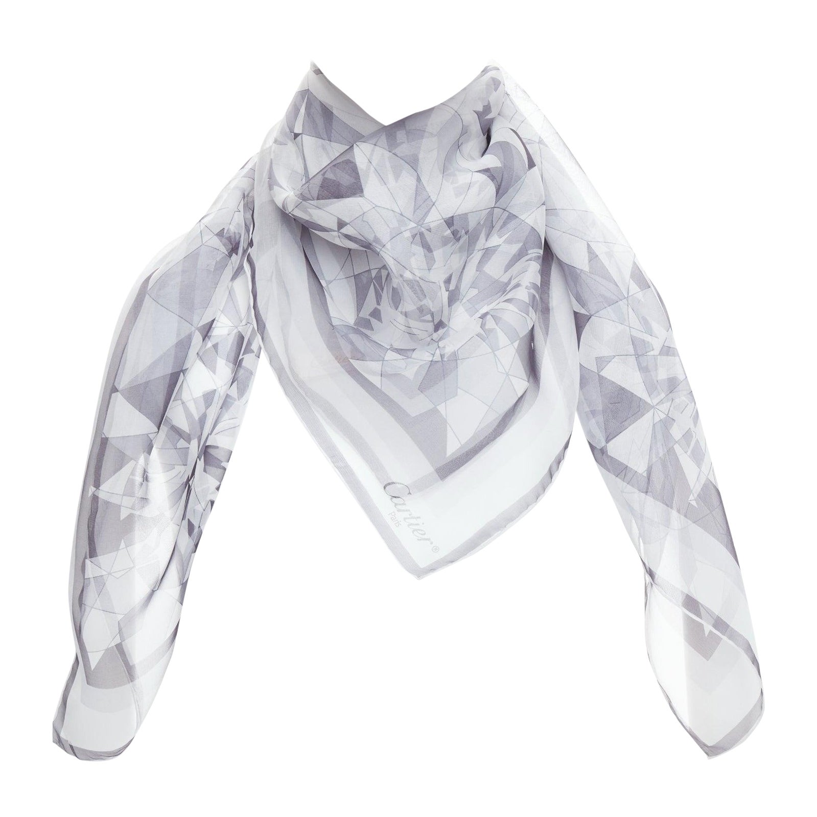 CARTIER 100% silk grey sheer diamond cuts print square scarf For Sale