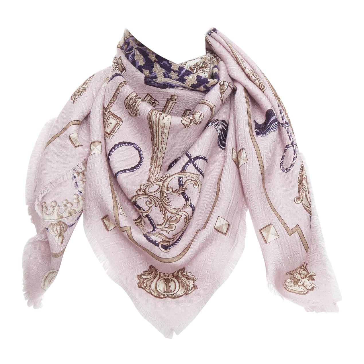 HERMES pañuelo con borde deshilachado y estampado de borlas en seda de cachemira lila