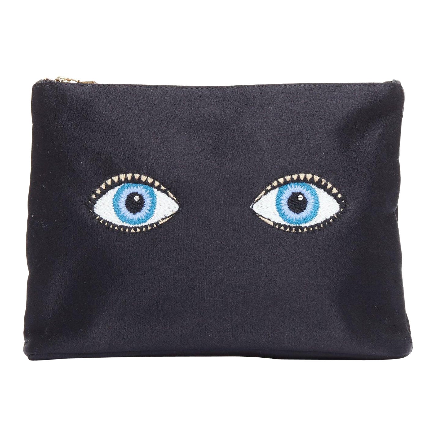 CHARLOTTE OLYMPIA black satin surrealist blue eye embroidery pouch bag For Sale