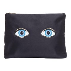 CHARLOTTE OLYMPIA black satin surrealist blue eye embroidery pouch bag