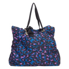 LANVIN blue purple leopard print black bow strap shoulder tote bag