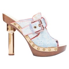 LOUIS VUITTON Rosa 2010 blue denim pink stitch monogram mules EU37.5
